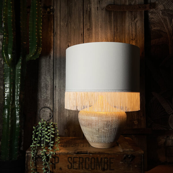 Love Frankie white cotton lampshade copper lining fringing lamp