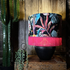 Acid Jungle Lampshade with Gold Lining and Pink Fringing - 16" x 10" - Light On