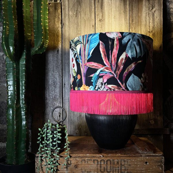 Acid Jungle Lampshade with Gold Lining and Pink Fringing - 16" x 10" - Light On