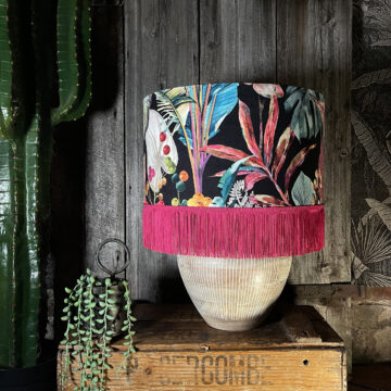 Acid Jungle Lampshade with Gold Lining and Pink Fringing - 16" x 10" - Light Off