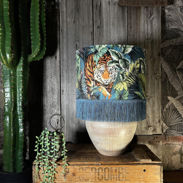 Big Cat Flint Lampshade with Gold Lining and Blue Fringing - 14" x 10" - Light Off