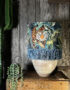 Big Cat Flint Lampshade with Gold Lining and Blue Fringing - 14" x 10" - Light Off