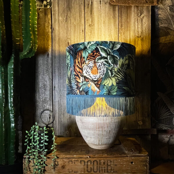 Big Cat Flint Lampshade with Gold Lining and Blue Fringing - 14" x 10" - Light On