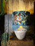 Big Cat Flint Lampshade with Gold Lining and Blue Fringing - 14" x 10" - Light On