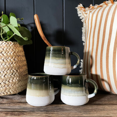 Dip Glazed Tea Mug In Forest Green and Bone