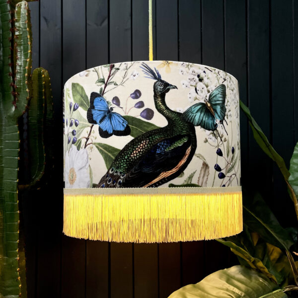 Love Frankie mythical plumes velvet lampshade parchment gold lining fringing