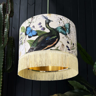 Love Frankie mythical plumes velvet lampshade parchment gold lining fringing