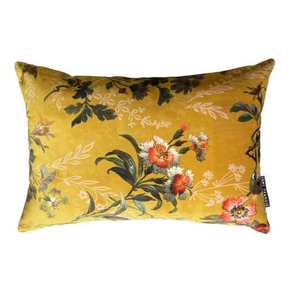 love frankie mustard flora & fauna velvet bolster cushion