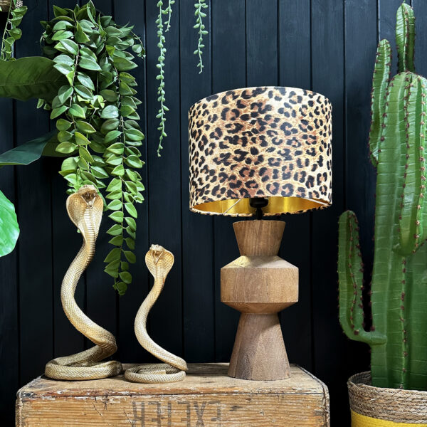 Love Frankie luxe leopard lampshade on wooden barrel table lamp