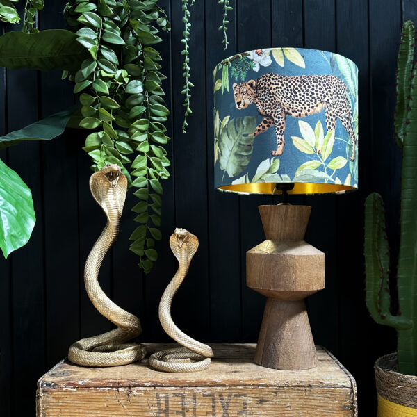 Love Frankie junglist massive velvet lampshade on wooden barrel table lamp