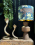 Love Frankie junglist massive velvet lampshade on wooden barrel table lamp