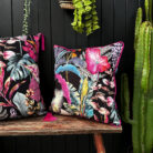 Love Frankie acid jungle velvet cushion with raspberry piping
