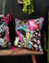 Love Frankie acid jungle velvet cushion with raspberry piping
