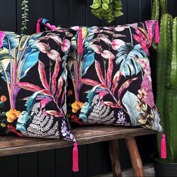 Love Frankie acid jungle velvet cushion with pink tassels