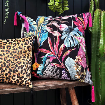 Love Frankie acid jungle velvet cushion with pink tassels