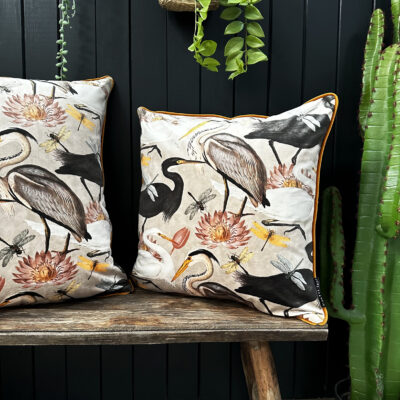 Love Frankie bird song velvet cushion in bone with caramel piping