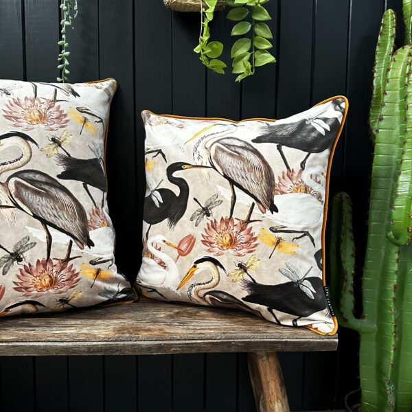 Love Frankie bird song velvet cushion in bone with caramel piping