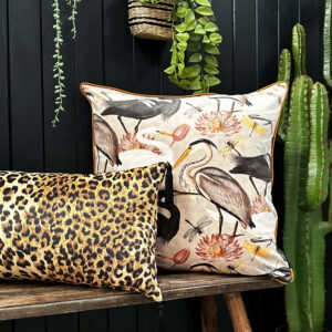 Love Frankie bird song velvet cushion in bone with caramel piping
