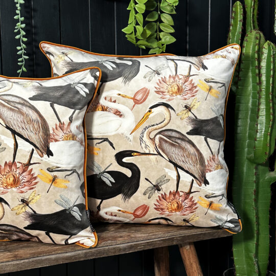 Love Frankie bird song velvet cushion in bone with caramel piping