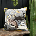 Love Frankie bird song velvet cushion in grey with yellow piping