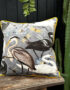Love Frankie bird song velvet cushion in grey with yellow piping