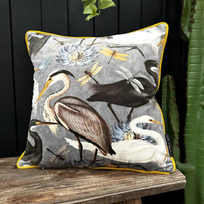 Love Frankie bird song velvet cushion in soft grey with yellow piping