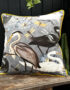 Love Frankie bird song velvet cushion in soft grey with yellow piping