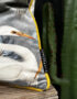 Love Frankie bird song velvet cushion in grey with yellow piping