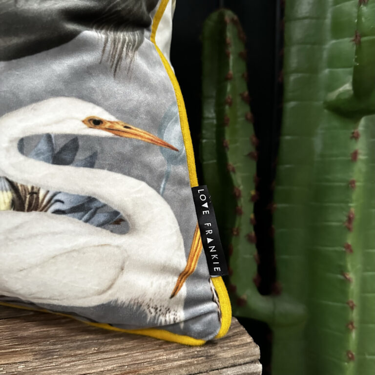 Love Frankie bird song velvet cushion in grey with yellow piping