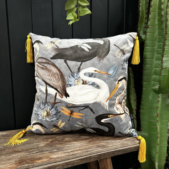Love Frankie bird song velvet cushion in grey with yellow tassels
