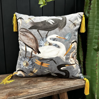 Love Frankie bird song velvet cushion in soft grey with yellow tassels