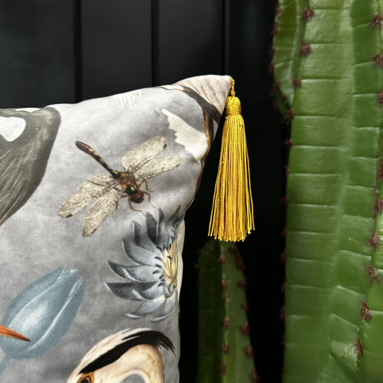 Love Frankie bird song velvet cushion in grey with yellow tassels