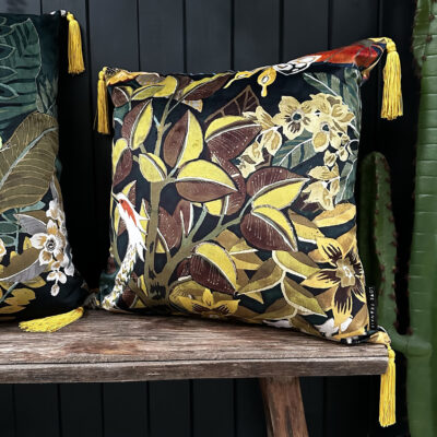 Love Frankie brushwood velvet cushion with yellow tassels
