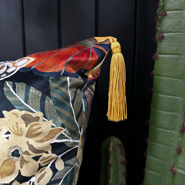 Love Frankie brushwood velvet cushion with yellow tassels