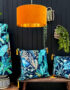 Love Frankie rainforest velvet cushion with yellow tassels