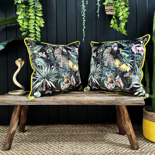 love Frankie fools paradise velvet cushion with yellow piping