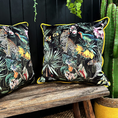 love Frankie fools paradise velvet cushion with yellow piping