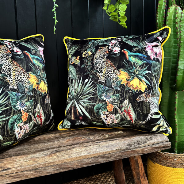 love Frankie fools paradise velvet cushion with yellow piping