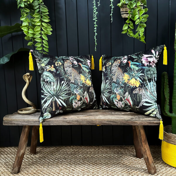 love Frankie fools paradise velvet cushion with yellow tassels
