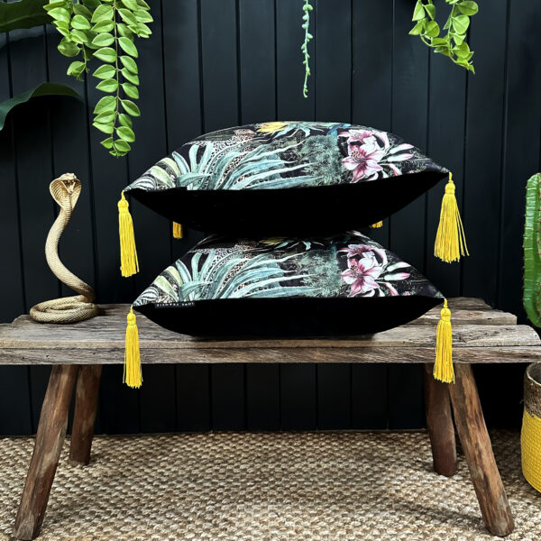 love Frankie fools paradise velvet cushion with yellow tassels
