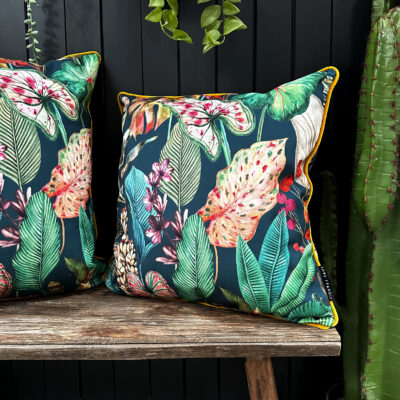Love Frankie magic fruits velvet cushion with yellow piping