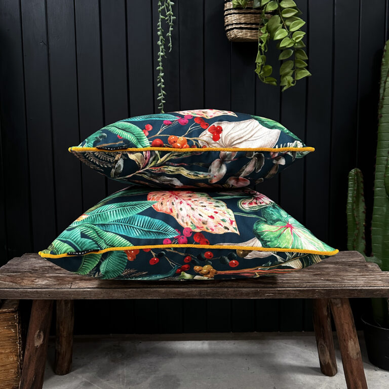 Love Frankie magic fruits velvet cushion with yellow piping