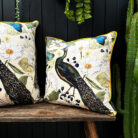 Love Frankie mythical plumes velvet cushion in parchment with yellow piping