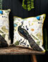 Love Frankie mythical plumes velvet cushion in parchment with yellow piping