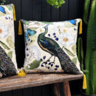 Love Frankie mythical plumes velvet cushion in parchment with yellow tassels