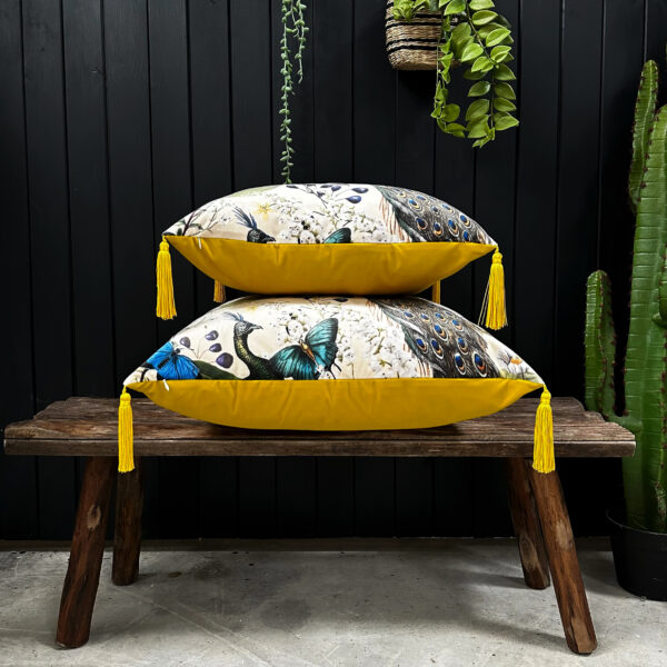 Love Frankie mythical plumes velvet cushion in parchment with yellow tassels