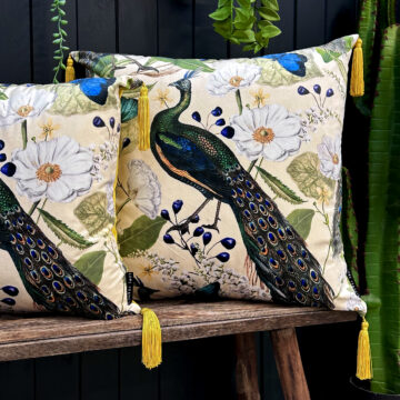 Love Frankie mythical plumes velvet cushion in parchment with yellow tassels