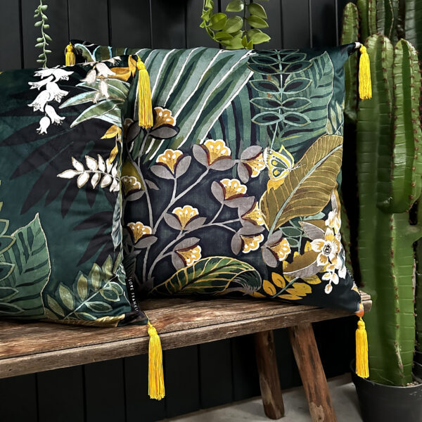 Love Frankie paradise lost velvet cushion with yellow tassels