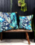 Love Frankie rainforest velvet cushion with yellow piping