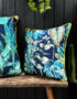 Love Frankie rainforest velvet cushion with yellow piping